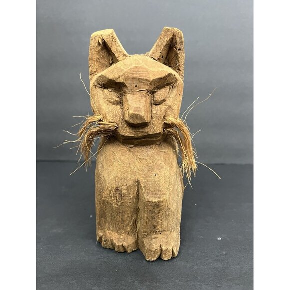Vintage Rustic Hand Carved Wooden Cat Figurine 7.5" Folk Art Whiskers Primitive - Picture 2 of 10